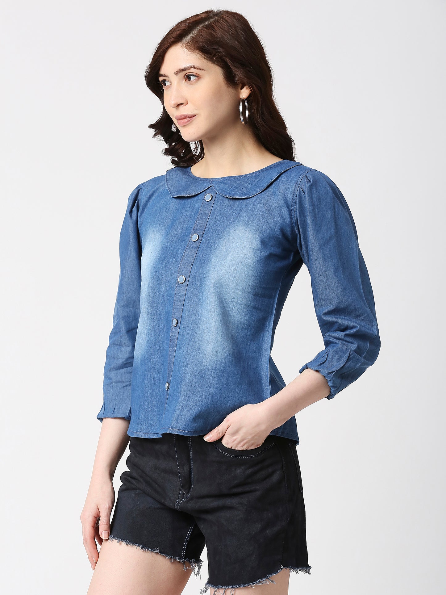 Cefalu®️ Women Denim Cotton Balloon 3/4sleeve Top