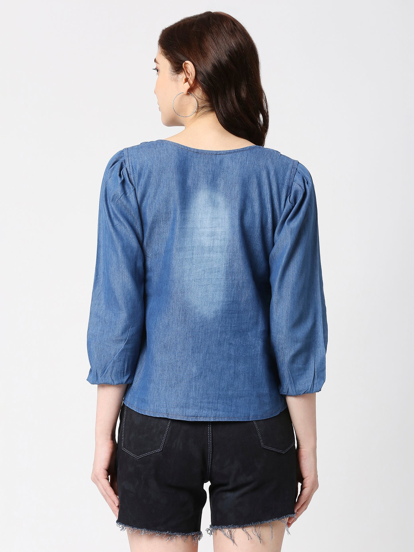 Cefalu®️ Women Denim Cotton Balloon 3/4sleeve Top