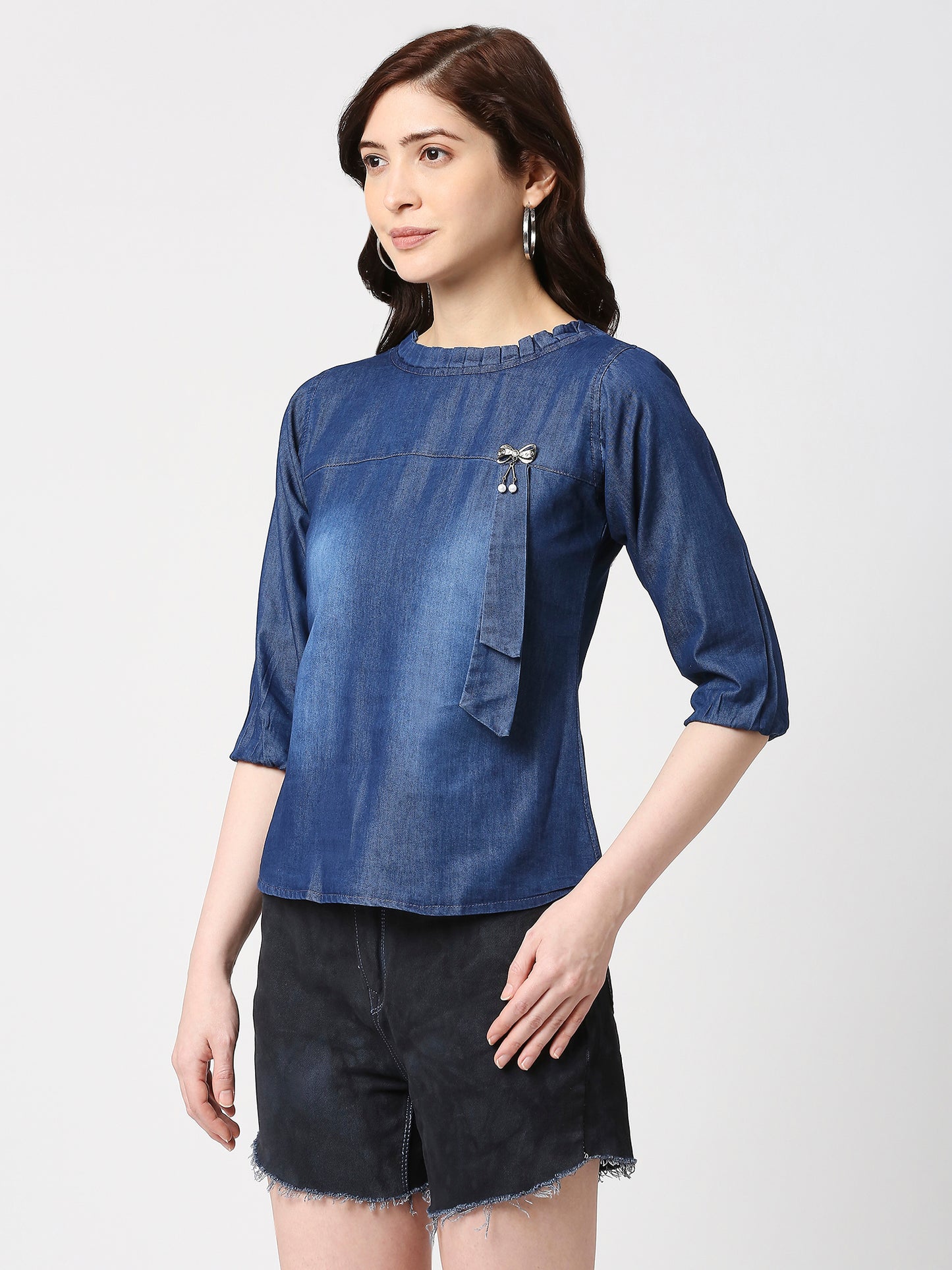 Cefalu®️ Women Denim Cotton  3/4sleeve Top