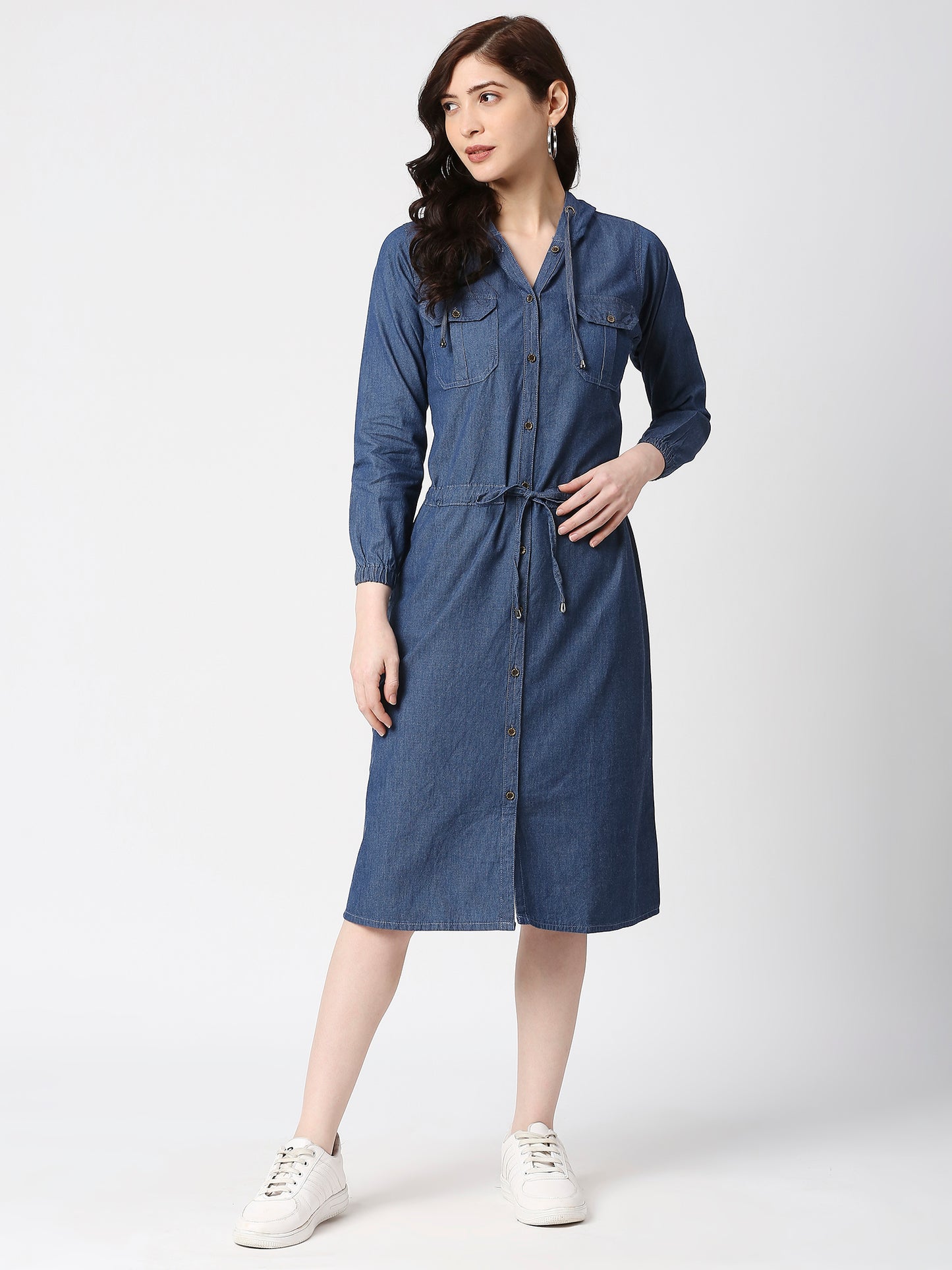 Cefalu®️ Women Denim Blue  hooded Dress