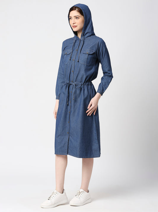 Cefalu®️ Women Denim Blue  hooded Dress