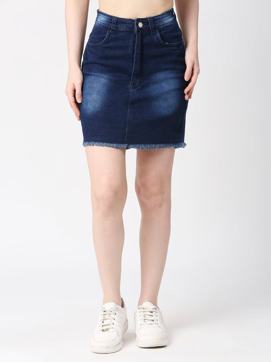 Cefalu®️ Women Dark Blue Denim Cotton Spray wash  Skirt