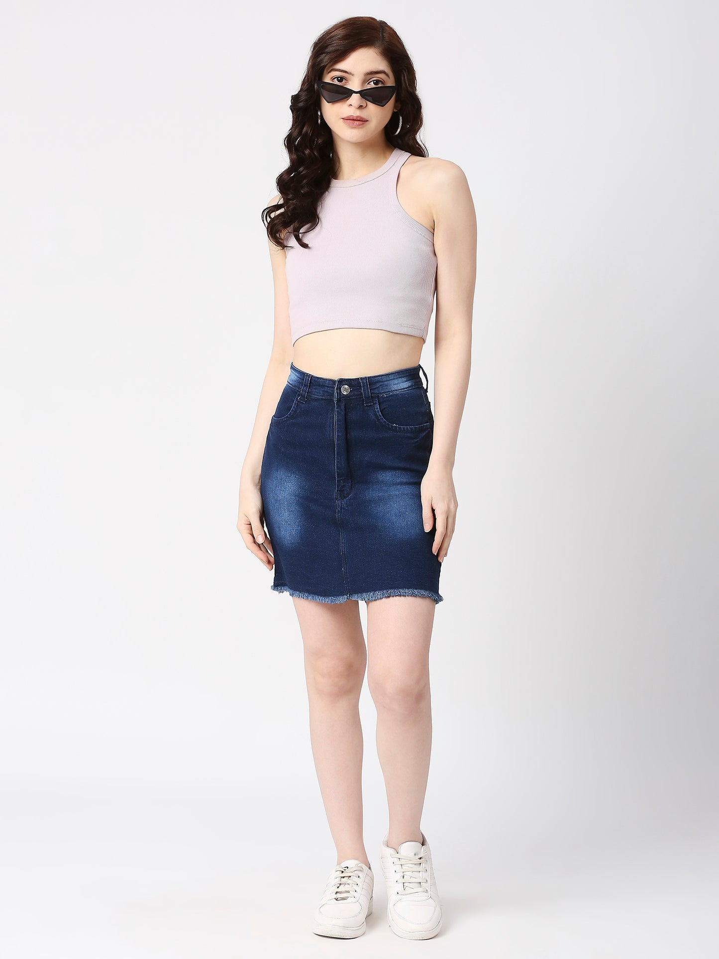 Cefalu®️ Women Dark Blue Denim Cotton Spray wash  Skirt