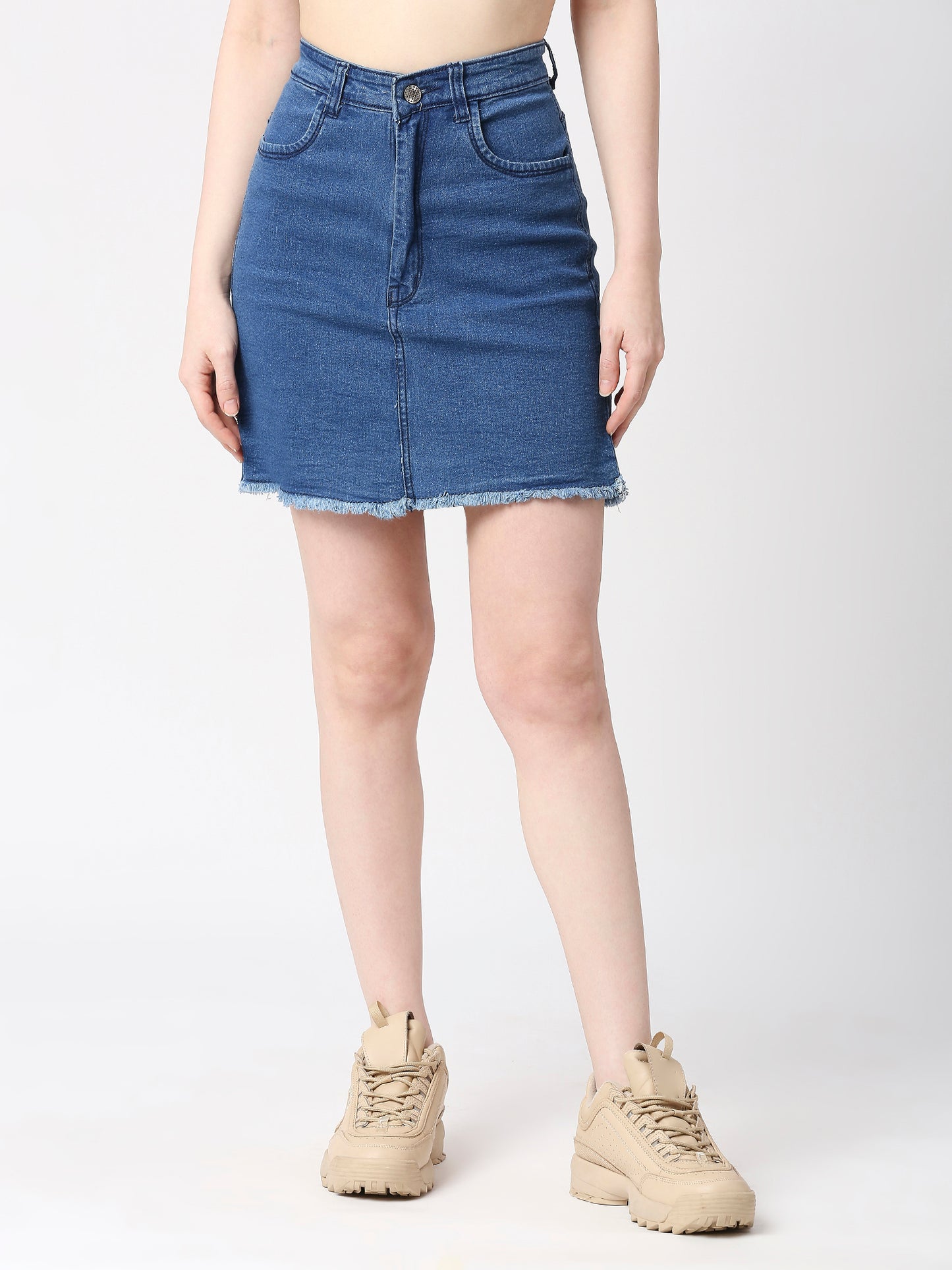 Cefalu®️ Women Light Blue Denim Cotton Raw edge Skirt