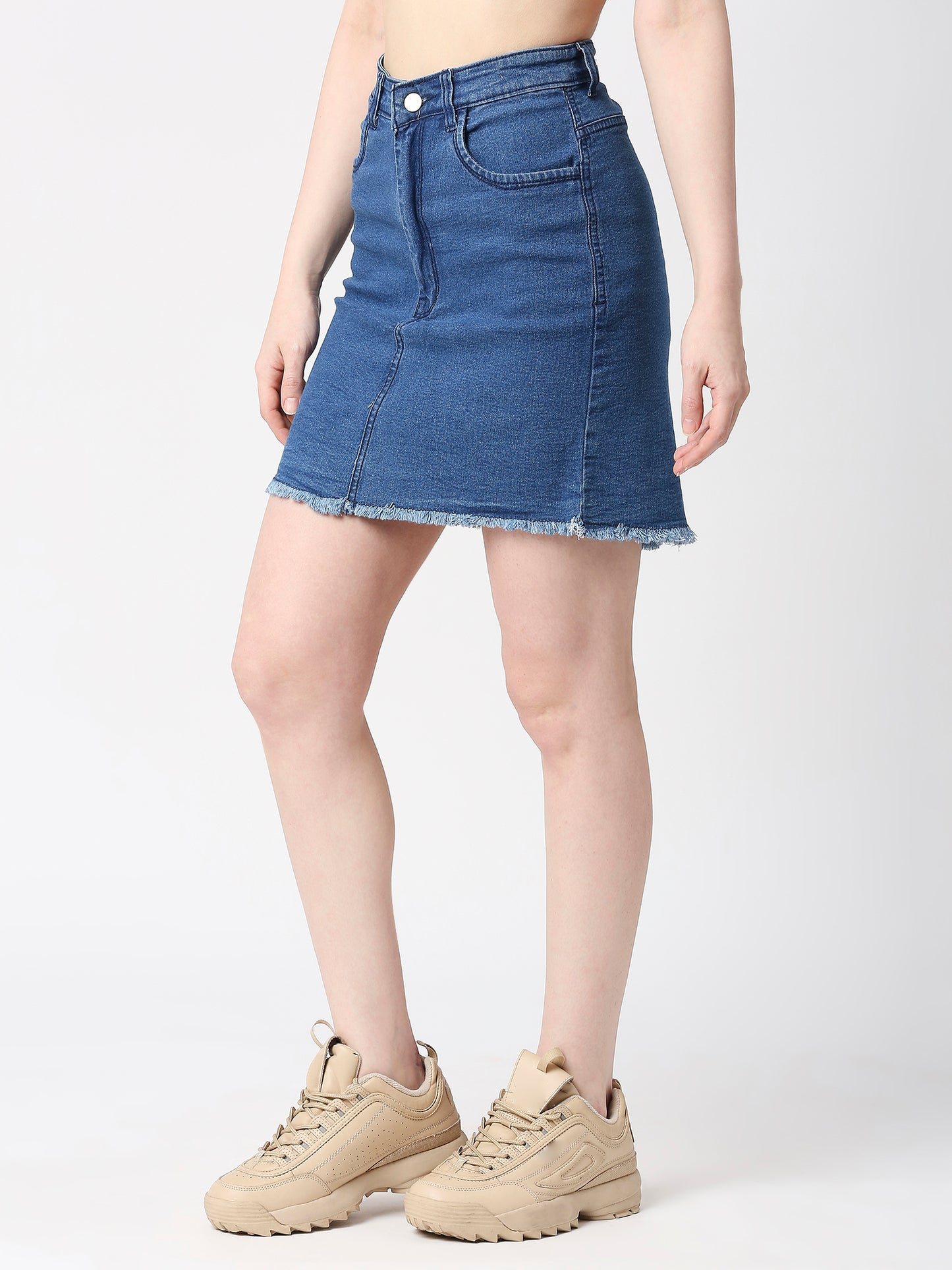 Cefalu®️ Women Light Blue Denim Cotton Raw edge Skirt