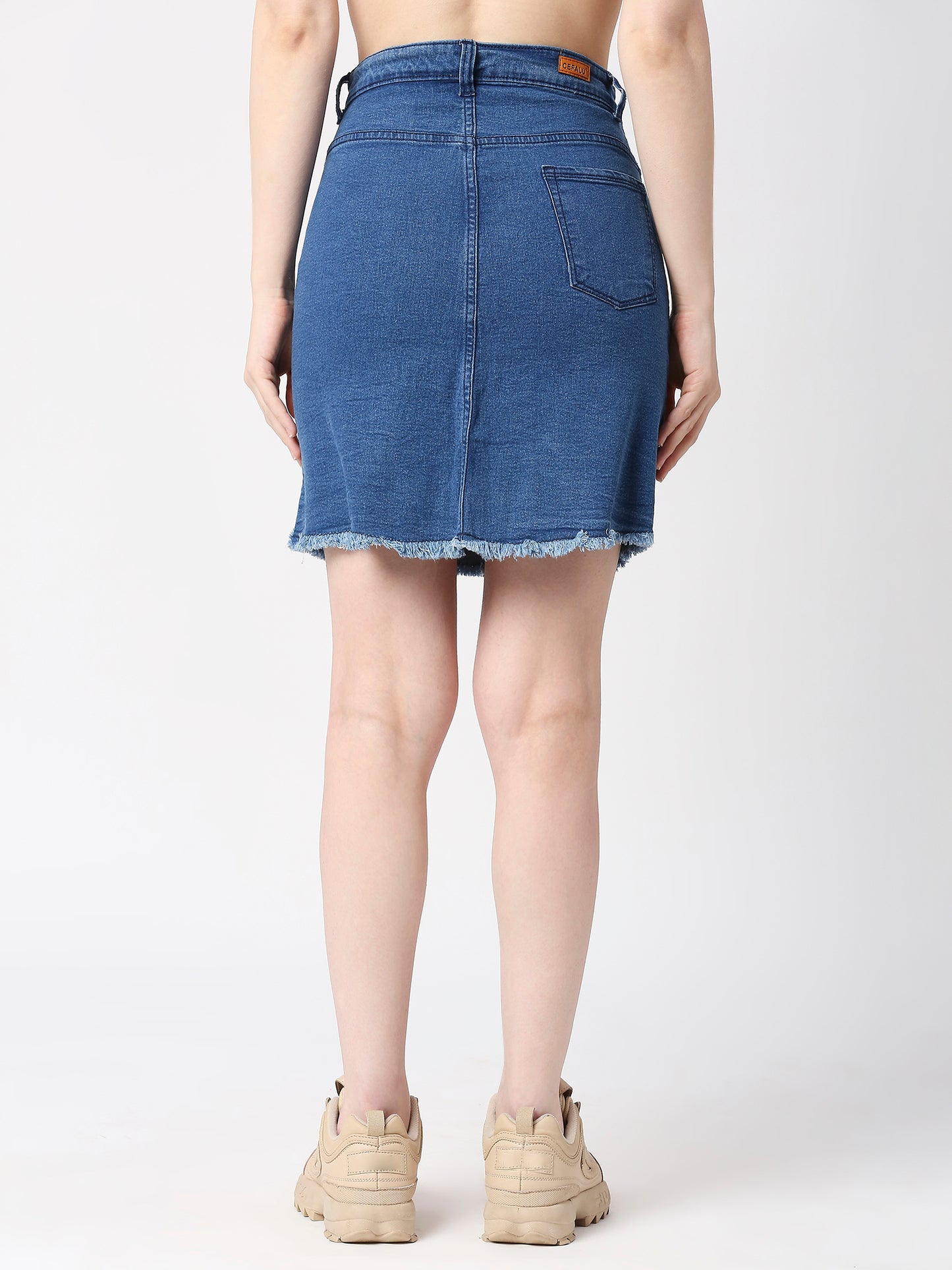 Cefalu®️ Women Light Blue Denim Cotton Raw edge Skirt