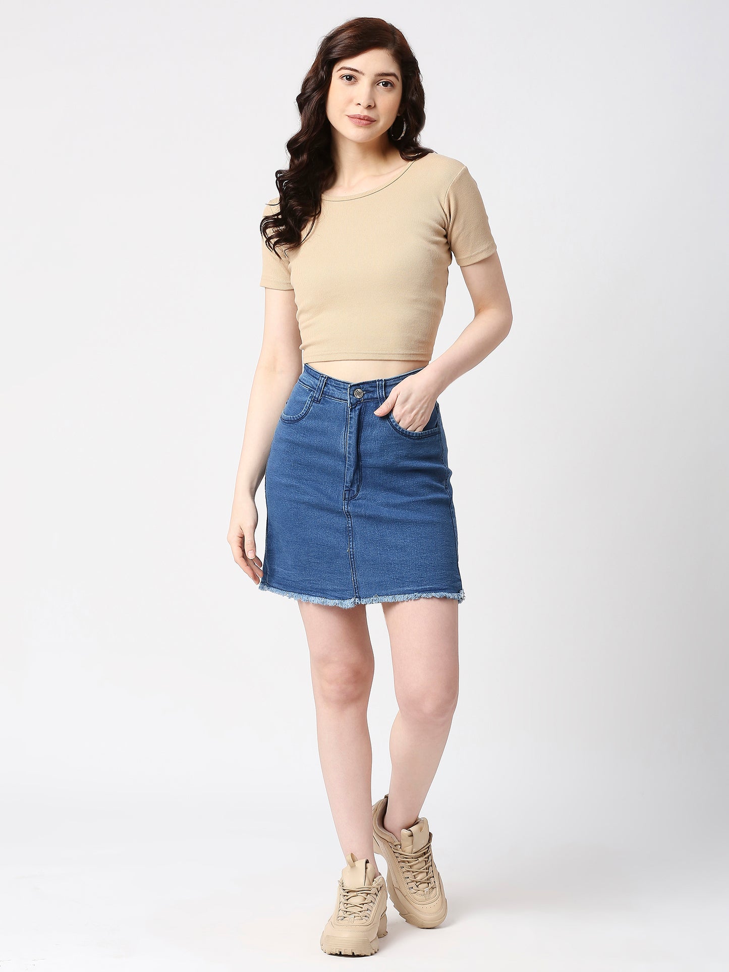 Cefalu®️ Women Light Blue Denim Cotton Raw edge Skirt