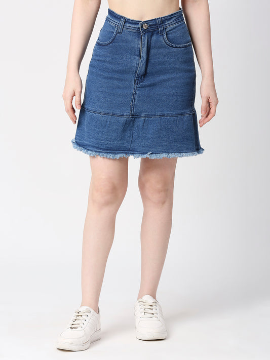 Cefalu®️ Women Light Blue Denim Cotton Raw edge Skirt