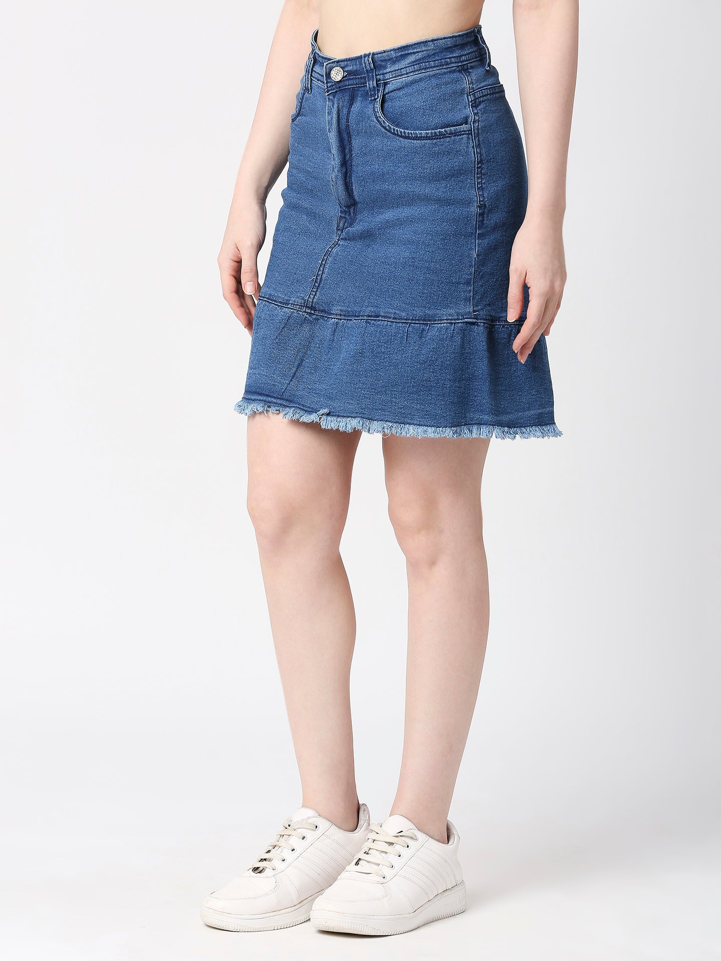 Cefalu®️ Women Light Blue Denim Cotton Raw edge Skirt