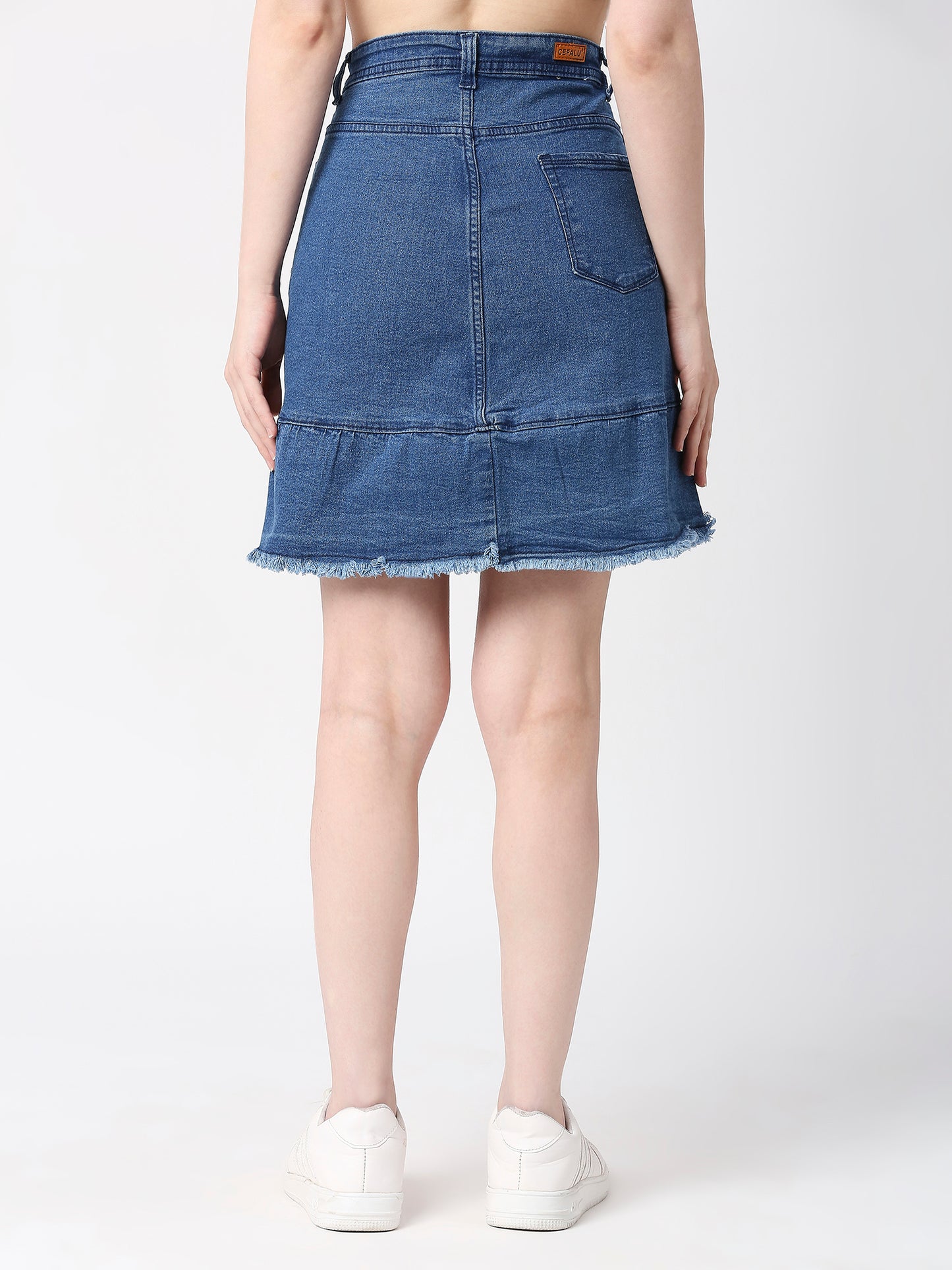 Cefalu®️ Women Light Blue Denim Cotton Raw edge Skirt