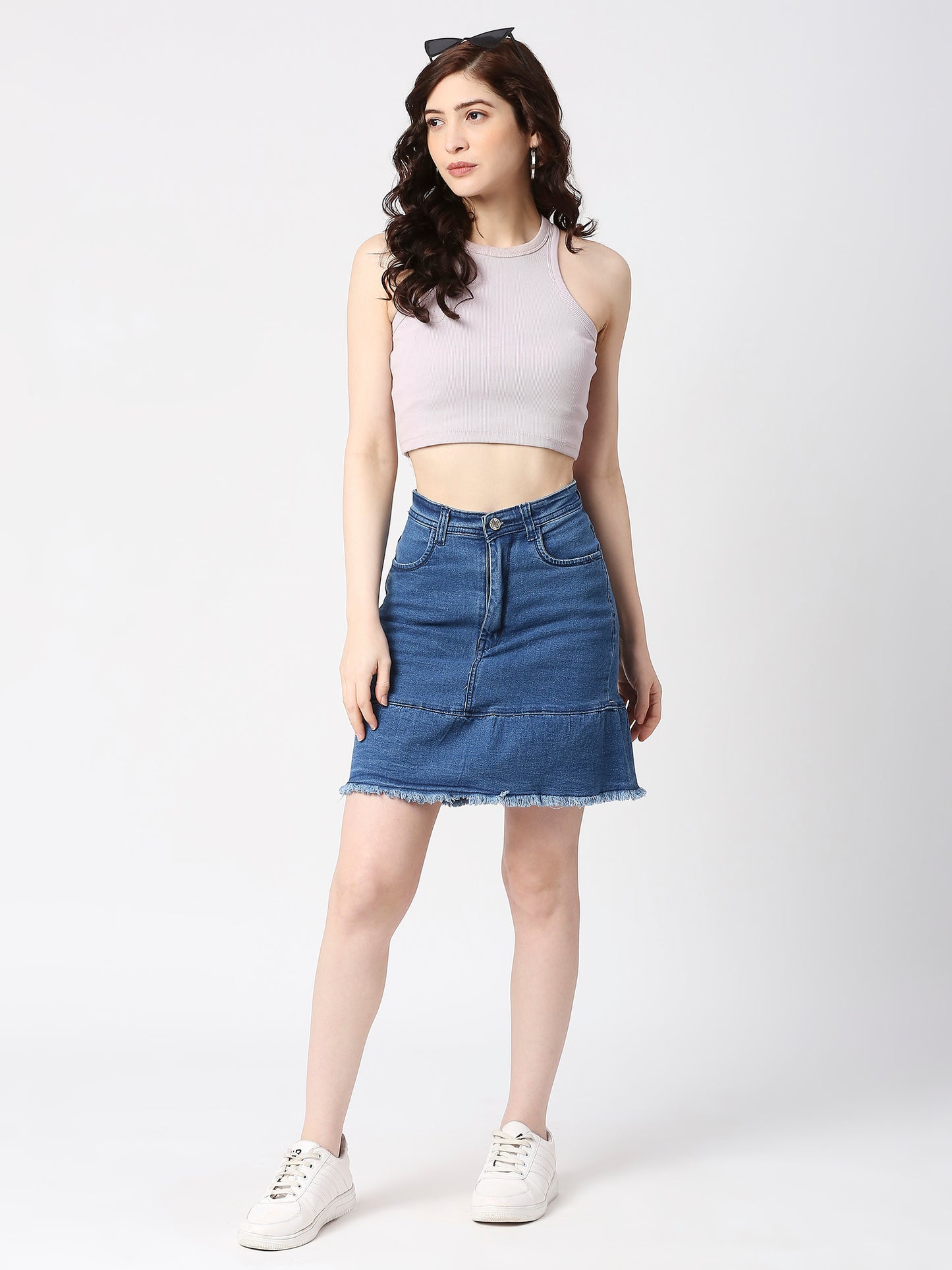 Cefalu®️ Women Light Blue Denim Cotton Raw edge Skirt