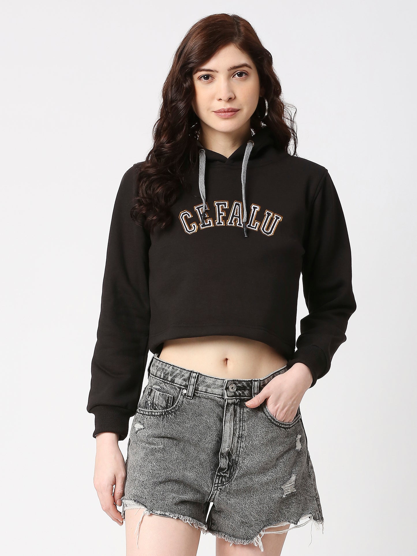 Cefalu®️ Women Denim Cotton Black Hoodie