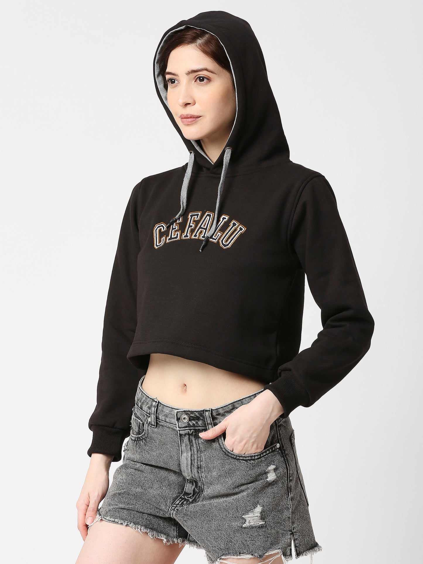 Cefalu®️ Women Denim Cotton Black Hoodie