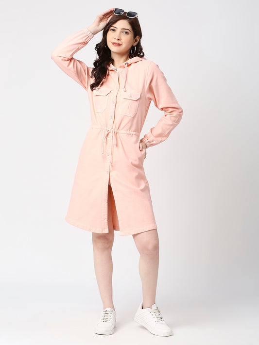 Women Denim Pink Hoodie Dress