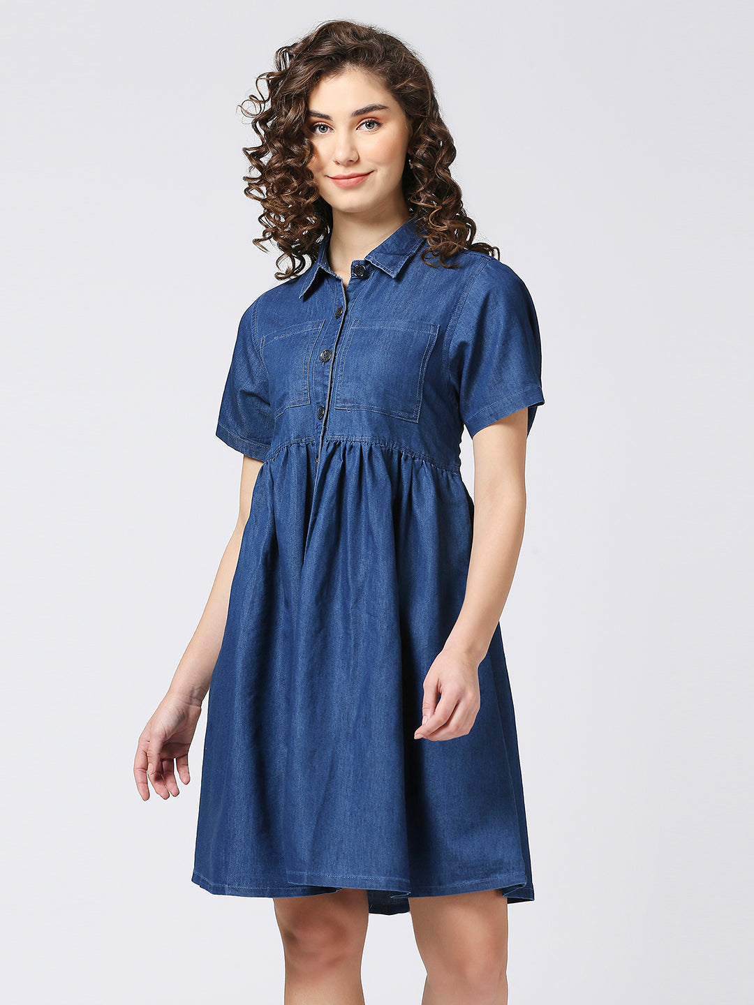 Cefalu®️ BLUE Denim Tiered Short Dress with spread collar Neck for Women