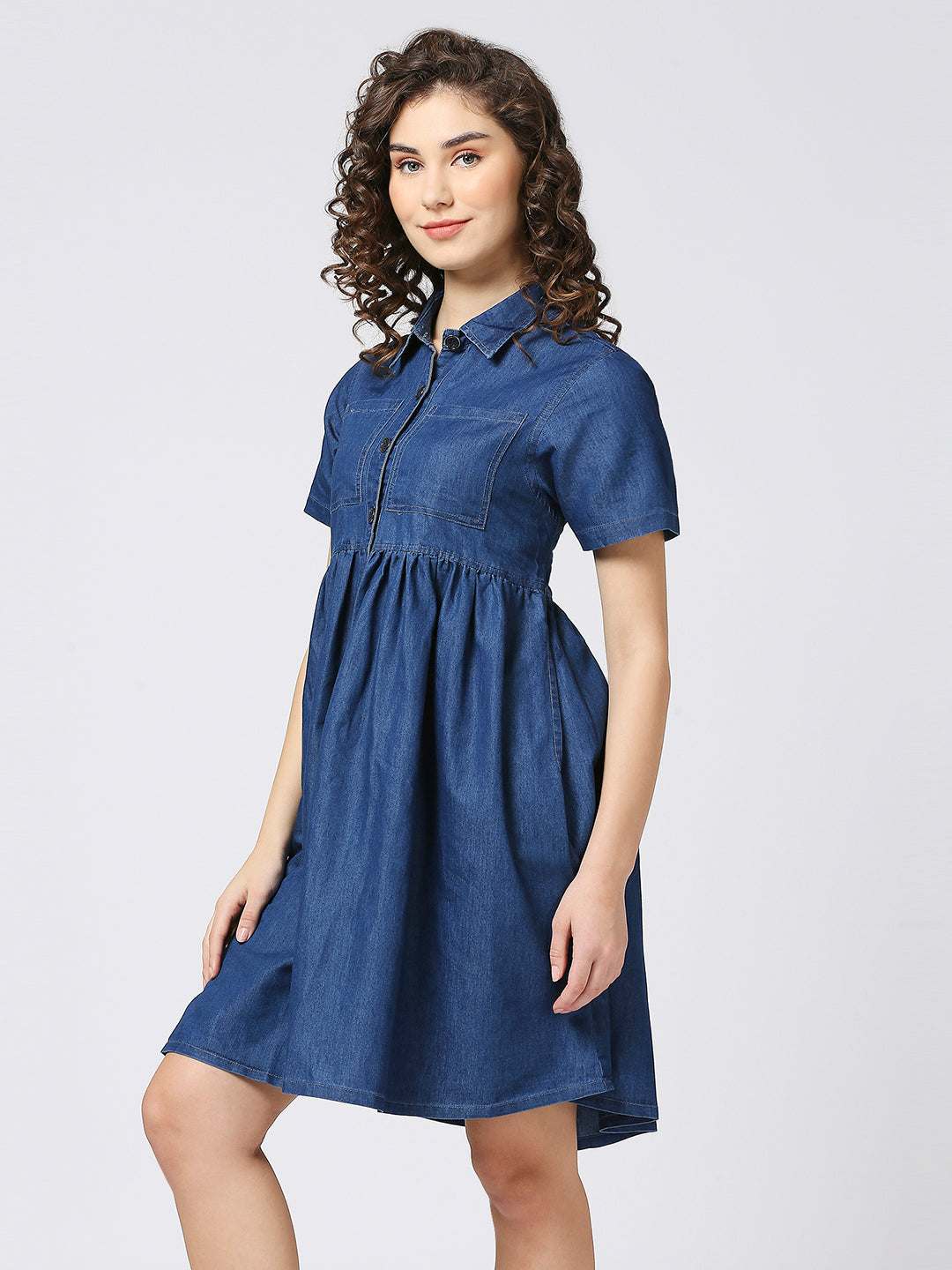 Cefalu®️ BLUE Denim Tiered Short Dress with spread collar Neck for Women