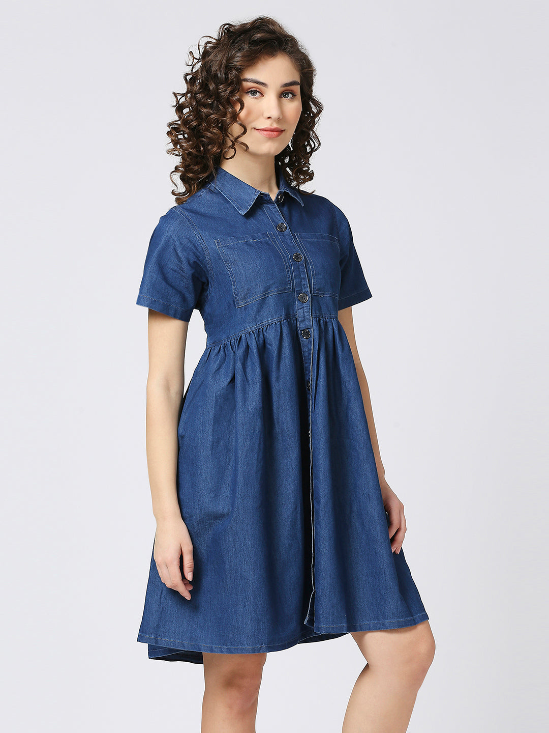 Cefalu®️ BLUE Denim Tiered Short Dress with spread collar Neck for Women