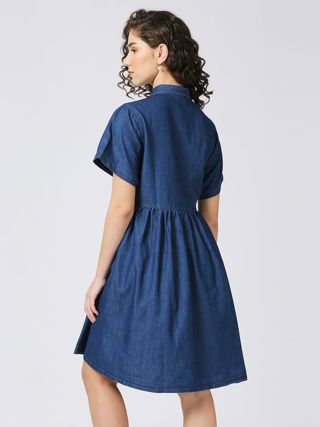 Cefalu®️ BLUE Denim Tiered Short Dress with spread collar Neck for Women