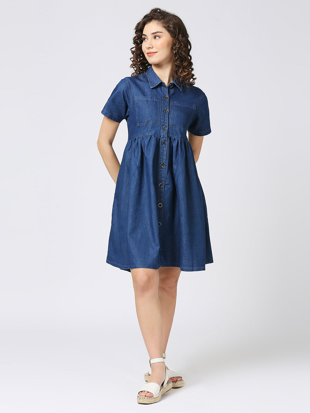 Cefalu®️ BLUE Denim Tiered Short Dress with spread collar Neck for Women