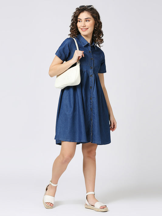 CEFALU BLUE Denim Tiered Short Dress with spread collar Neck for Women