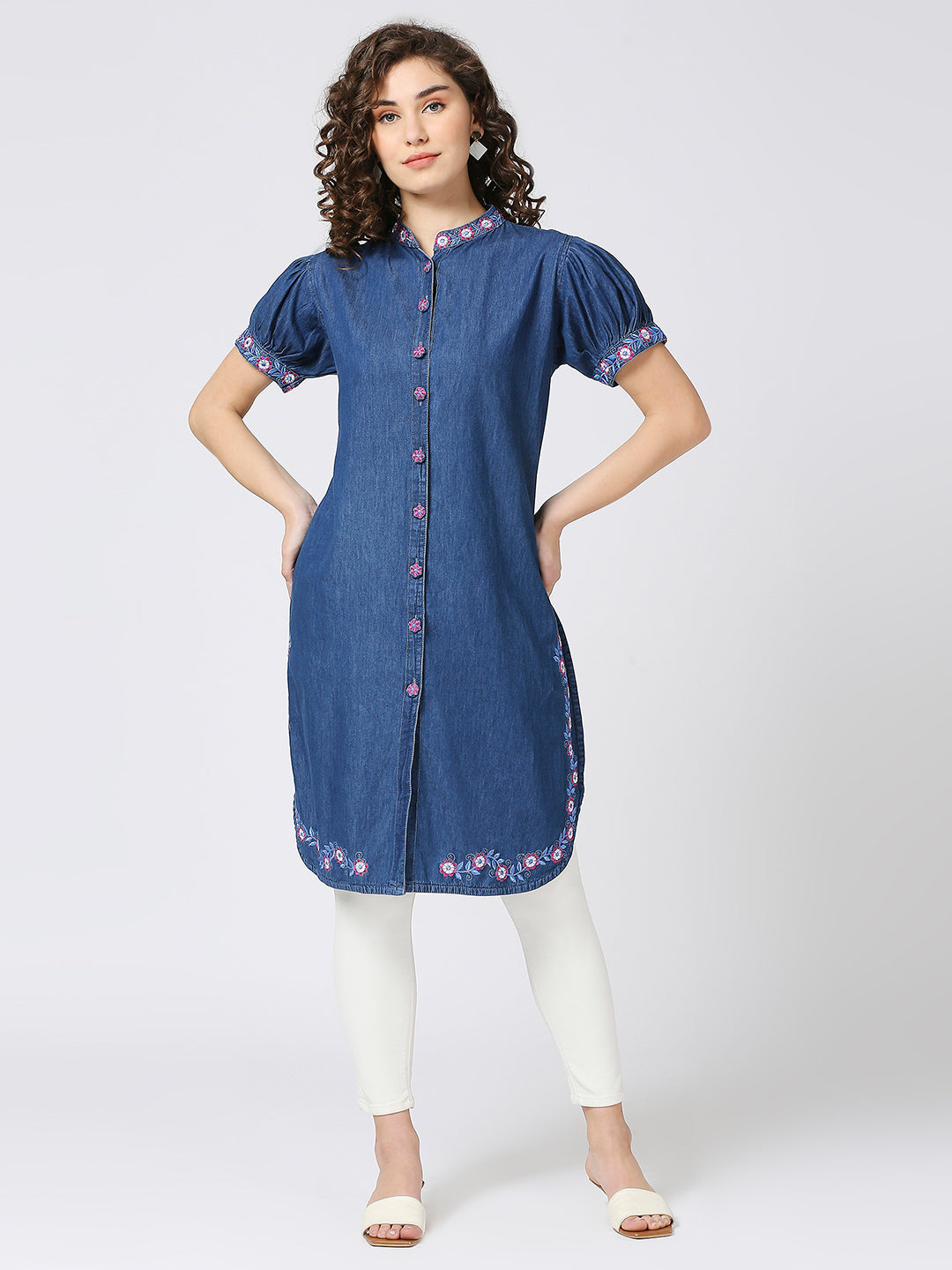 Cefalu®️ Blue denim embroidered collar neck kurti with puffed sleeves.