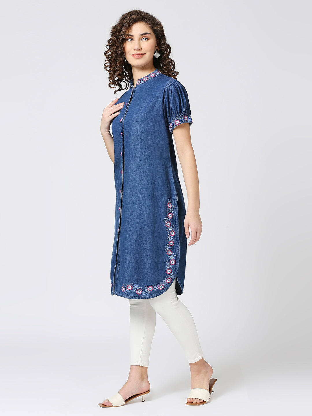 Cefalu®️ Blue denim embroidered collar neck kurti with puffed sleeves.