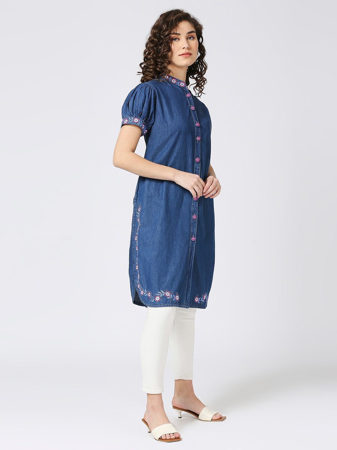 Cefalu®️ Blue denim embroidered collar neck kurti with puffed sleeves.