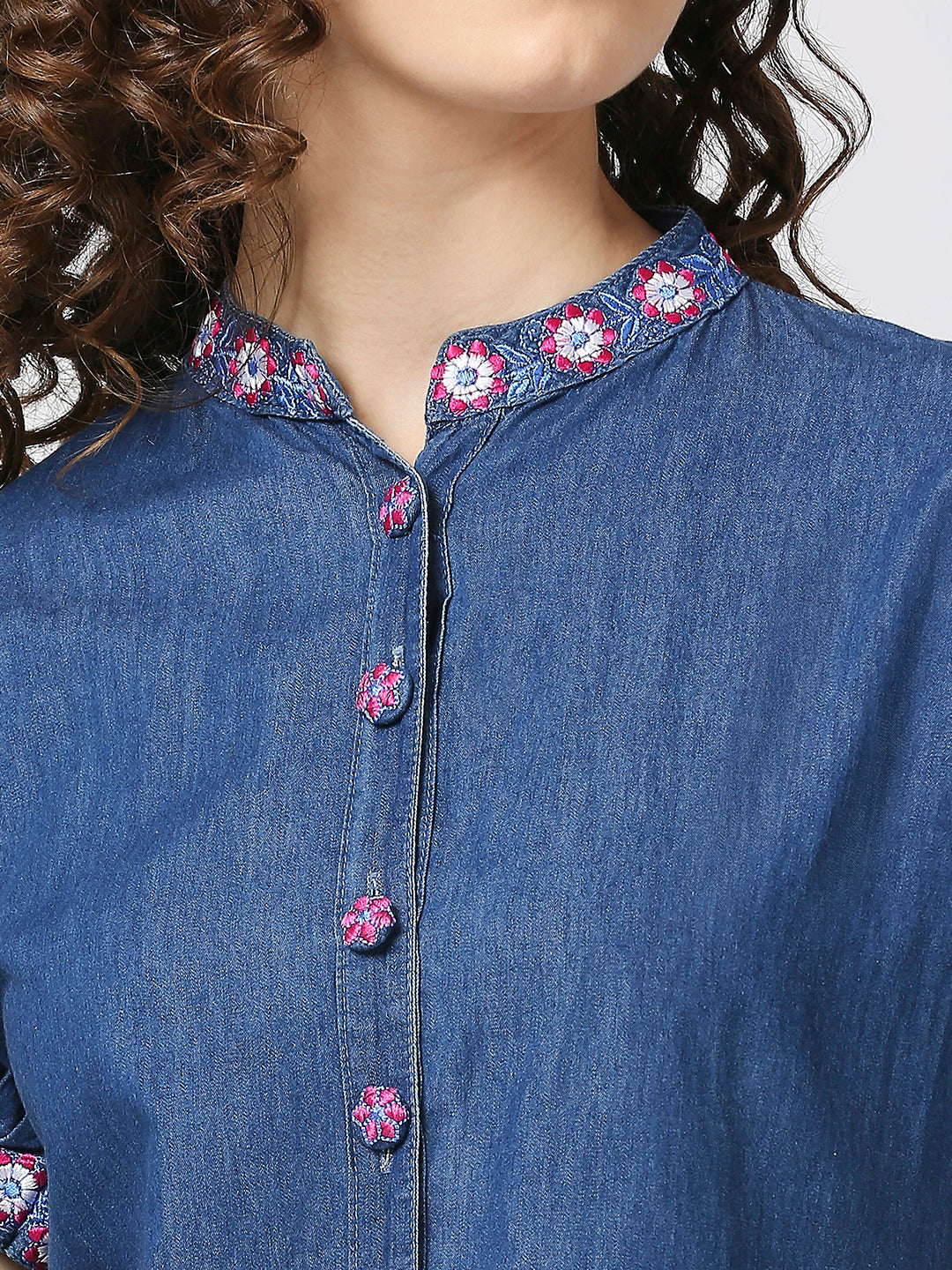 Cefalu®️ Blue denim embroidered collar neck kurti with puffed sleeves.