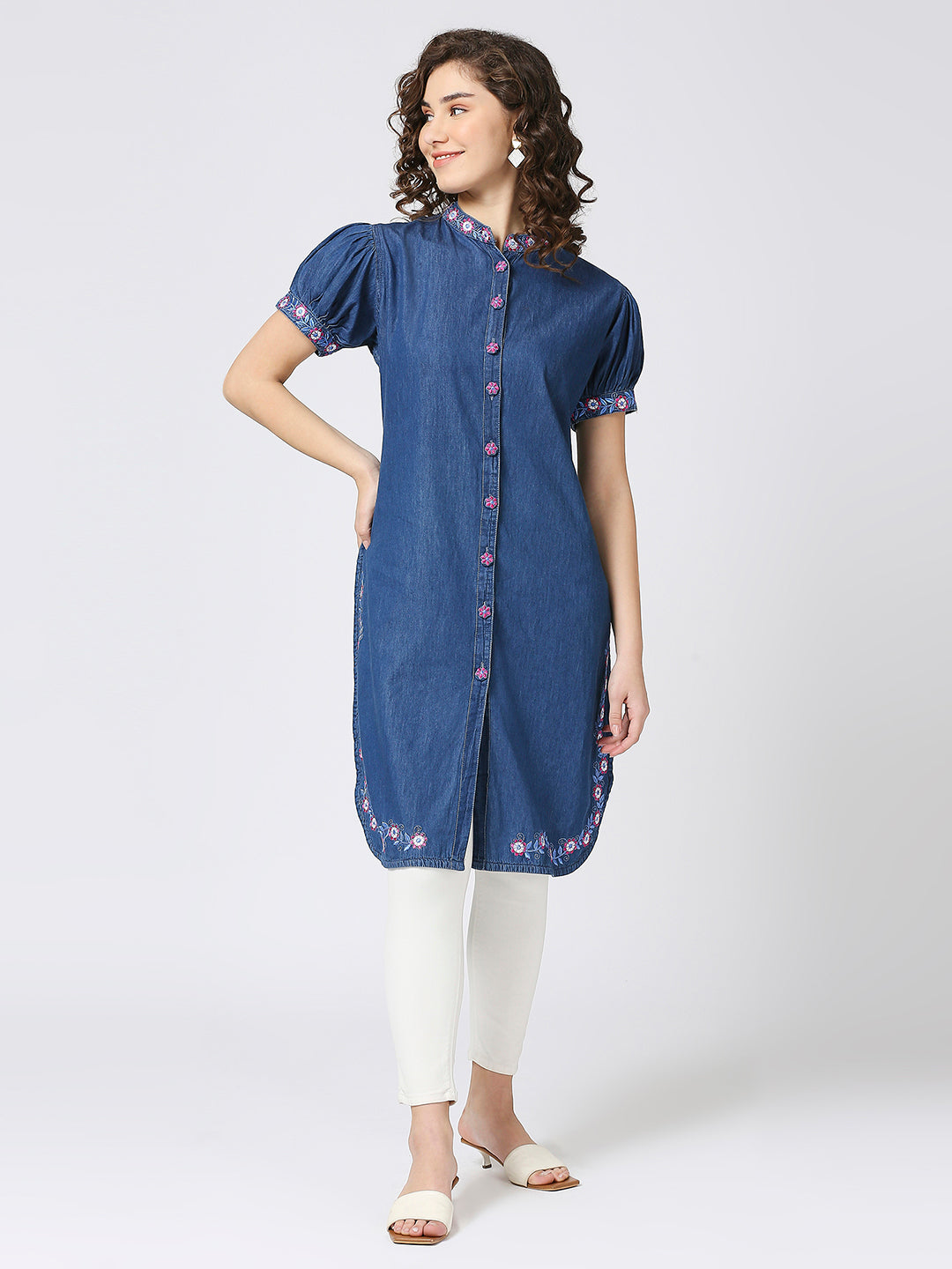 Cefalu®️ Blue denim embroidered collar neck kurti with puffed sleeves.