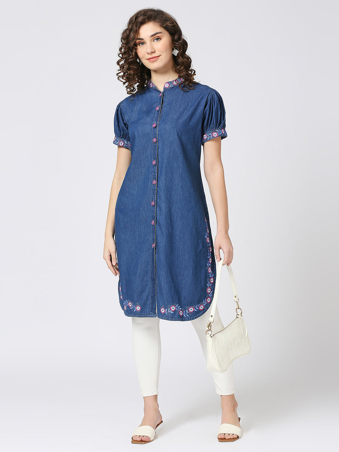 Cefalu®️ Blue denim embroidered collar neck kurti with puffed sleeves.