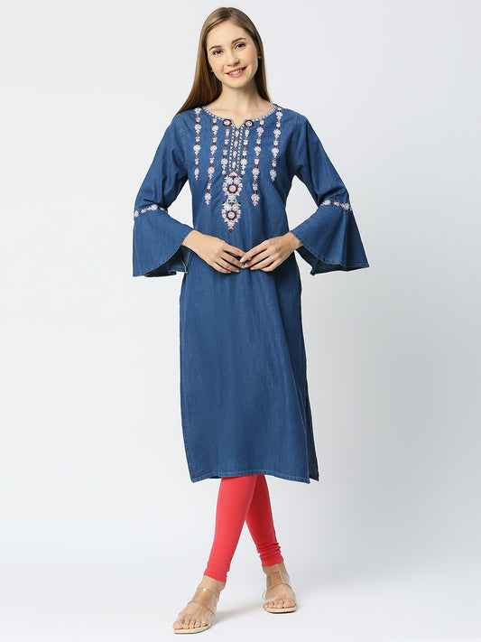 Cefalu®️ Denim Straight kurti with bell sleeves /  Embroidered Denim Kurta / Dress for Women Casual WEAR