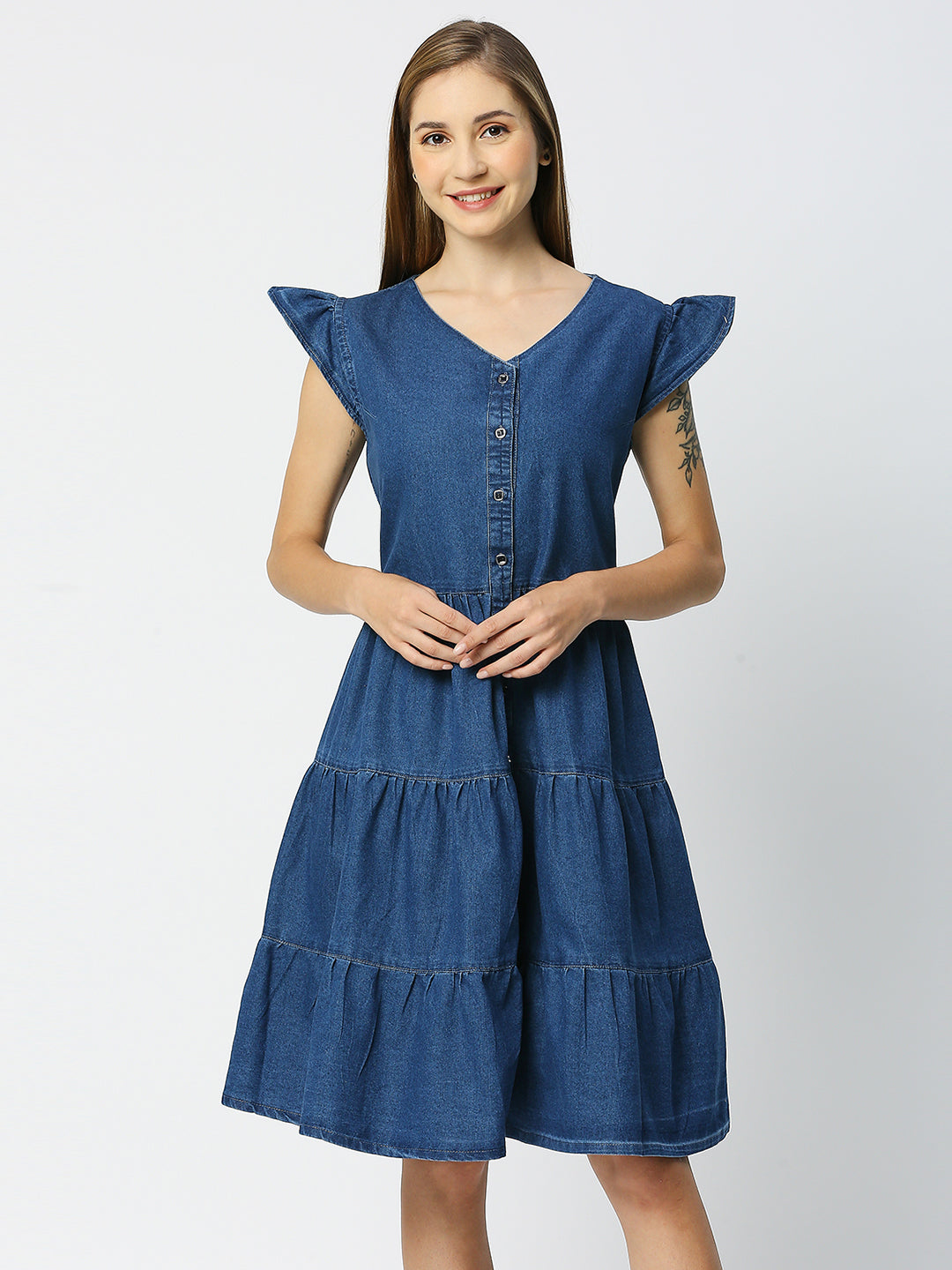 Cefalu®️ Washed Denim Tiered V Neck Dress for Women