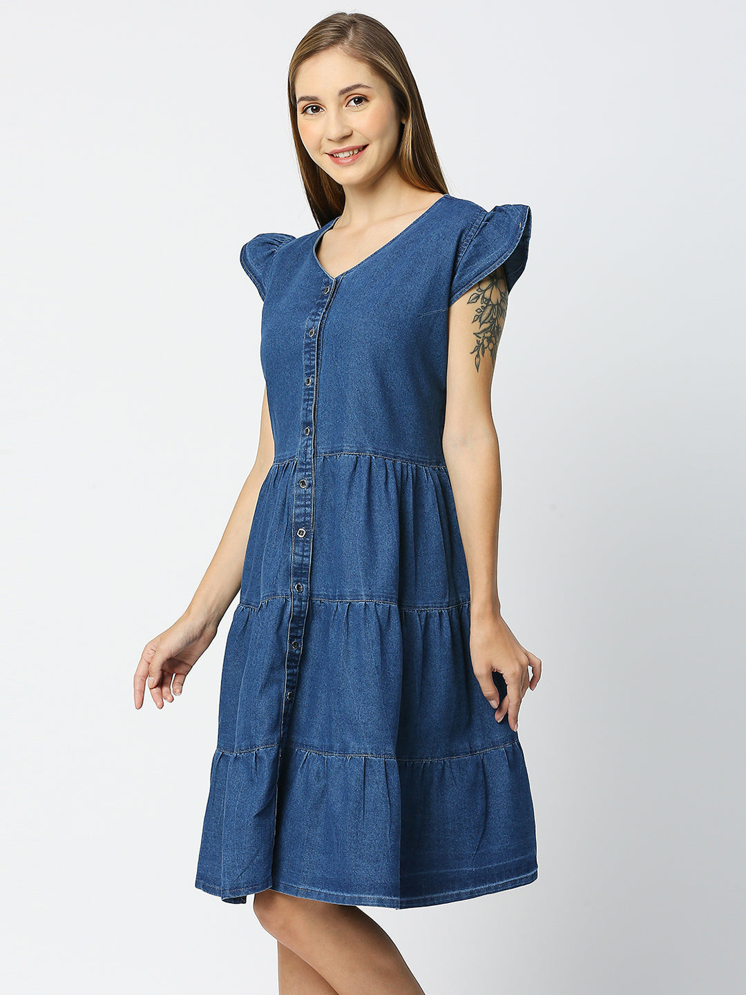 Cefalu®️ Washed Denim Tiered V Neck Dress for Women