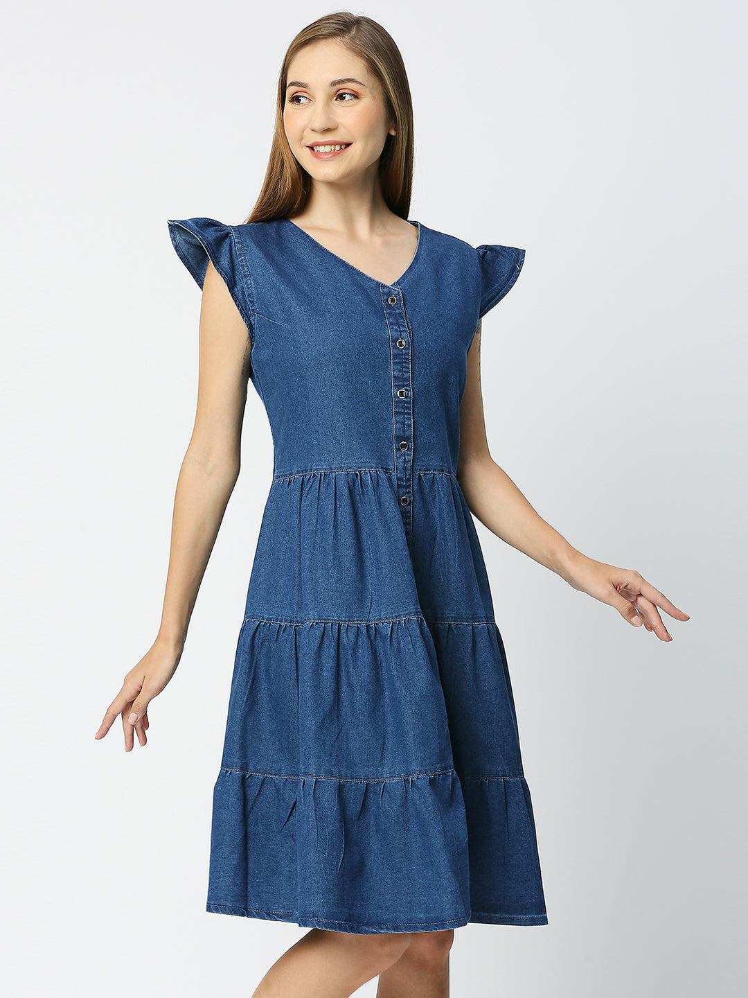 Cefalu®️ Washed Denim Tiered V Neck Dress for Women