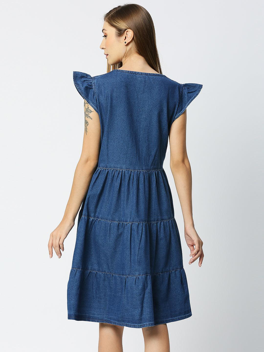 Cefalu®️ Washed Denim Tiered V Neck Dress for Women