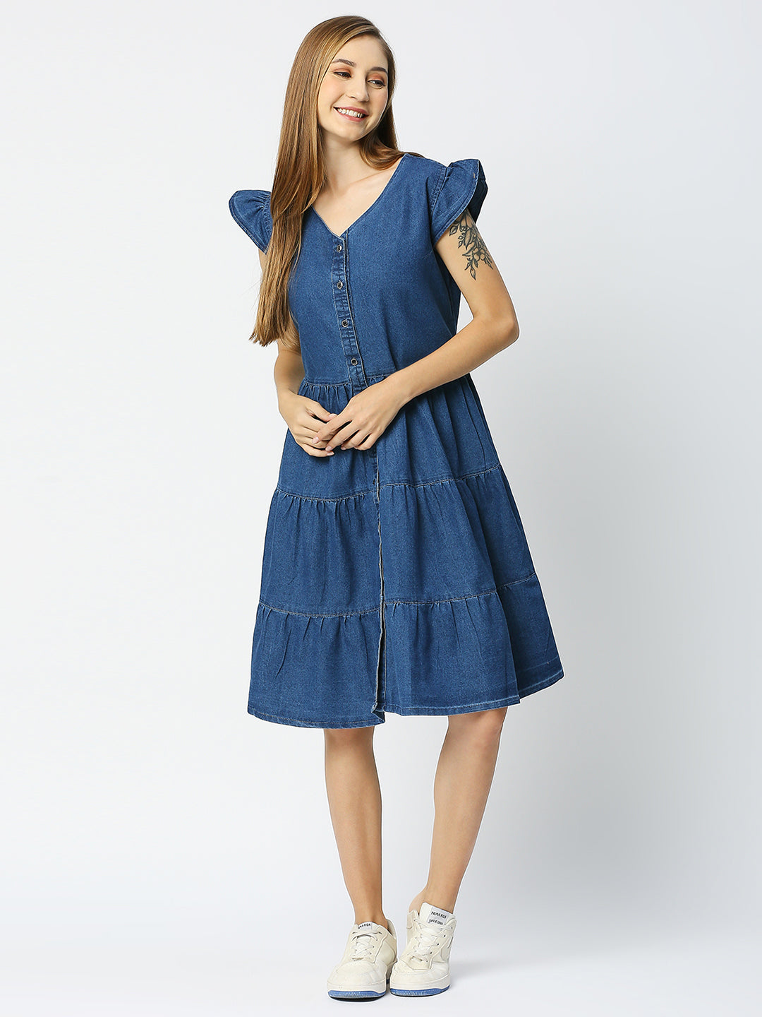 Cefalu®️ Washed Denim Tiered V Neck Dress for Women