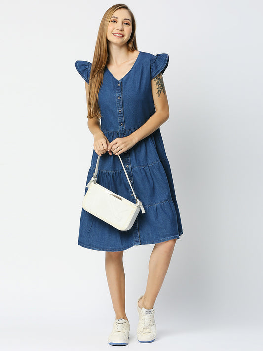 Cefalu®️ Washed Denim Tiered V Neck Dress for Women