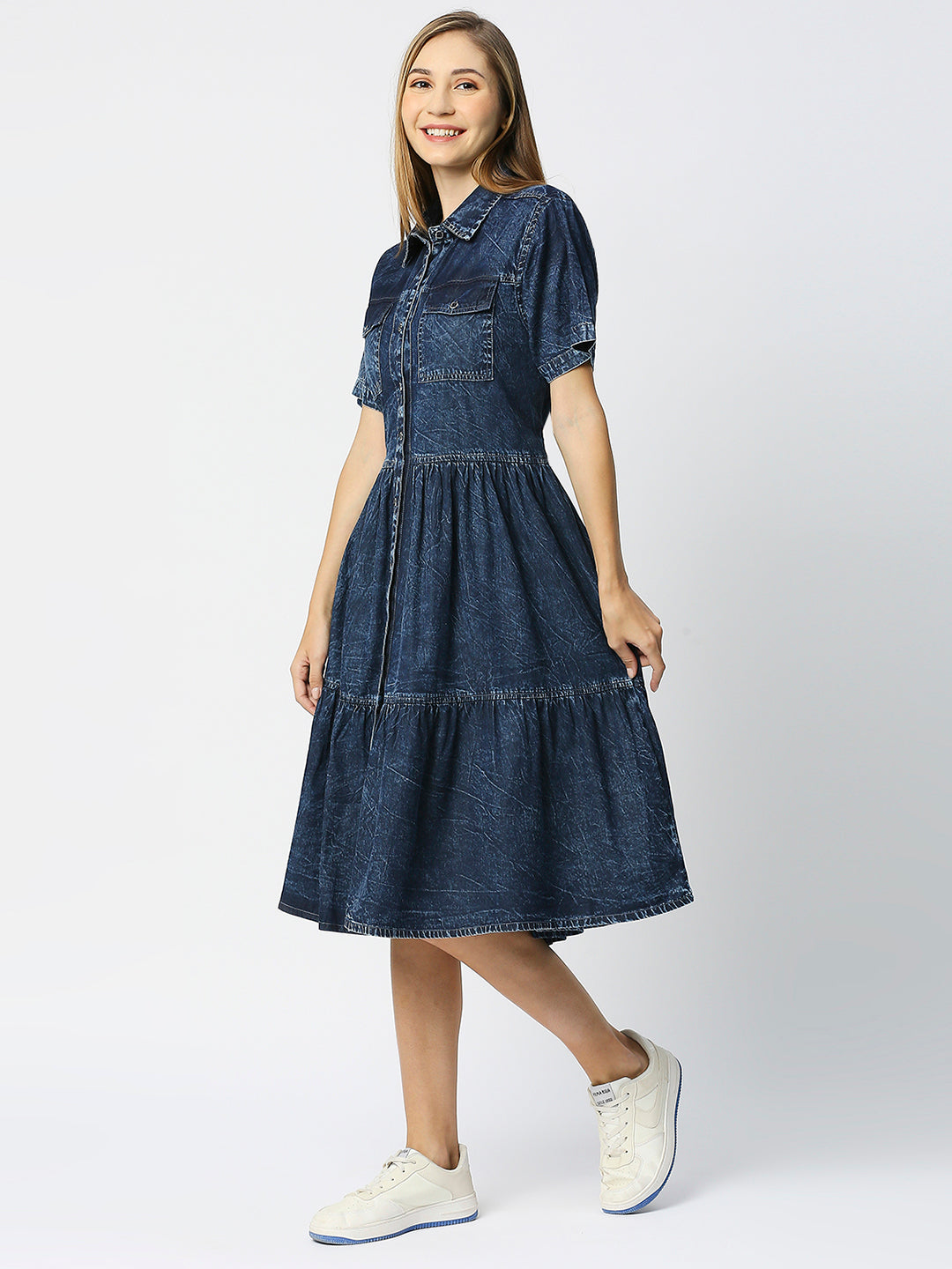 Cefalu®️ Blue Denim Dress for women with working Slit Pocket and flap pocket