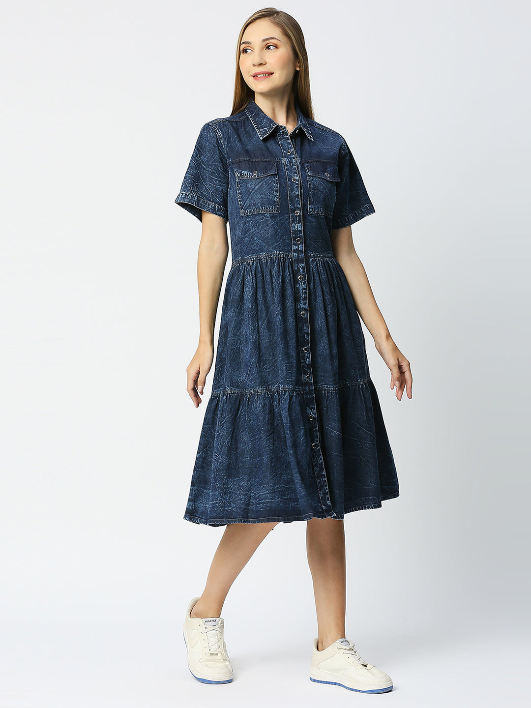 Cefalu®️ Blue Denim Dress for women with working Slit Pocket and flap pocket