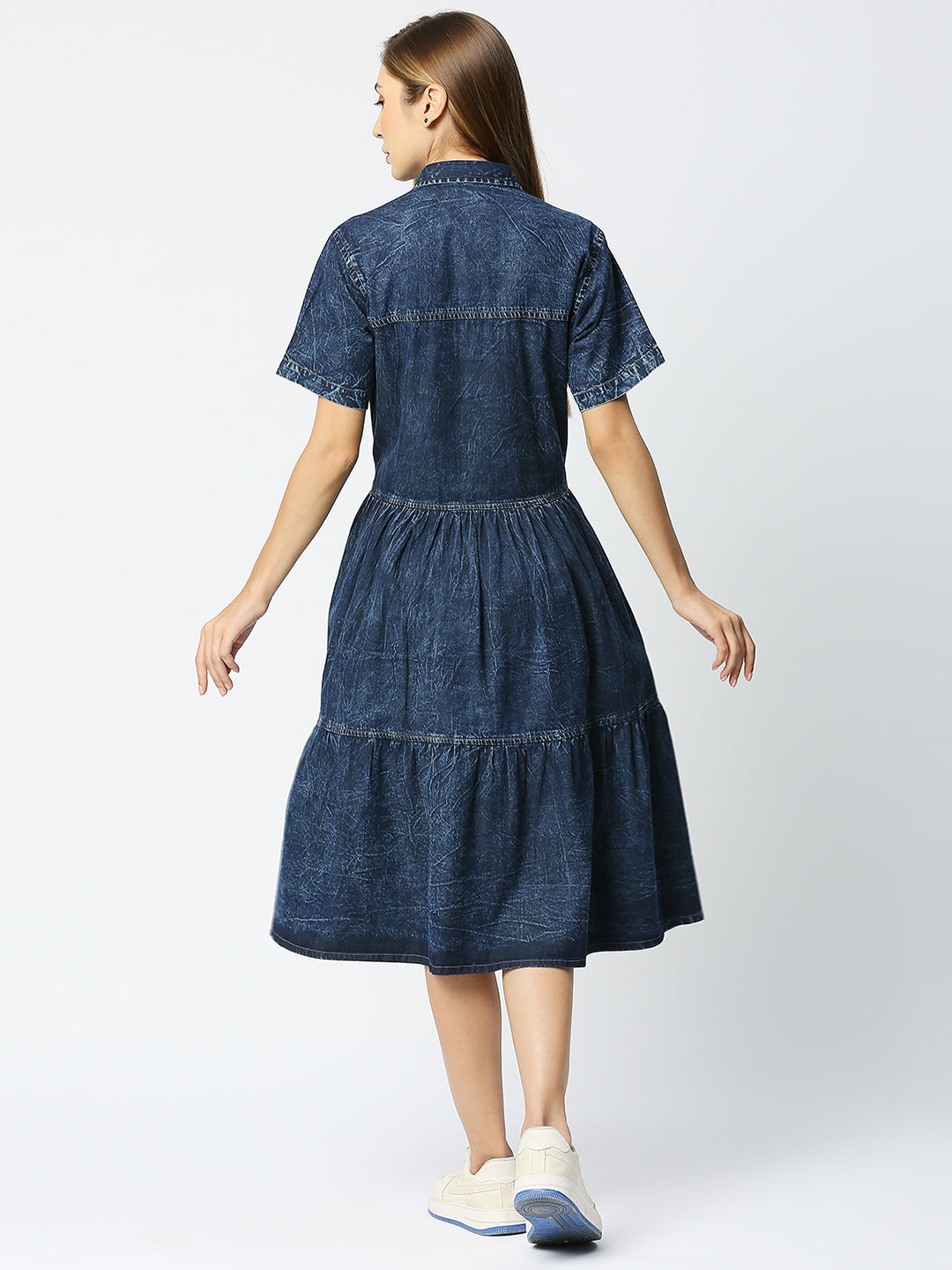 Cefalu®️ Blue Denim Dress for women with working Slit Pocket and flap pocket