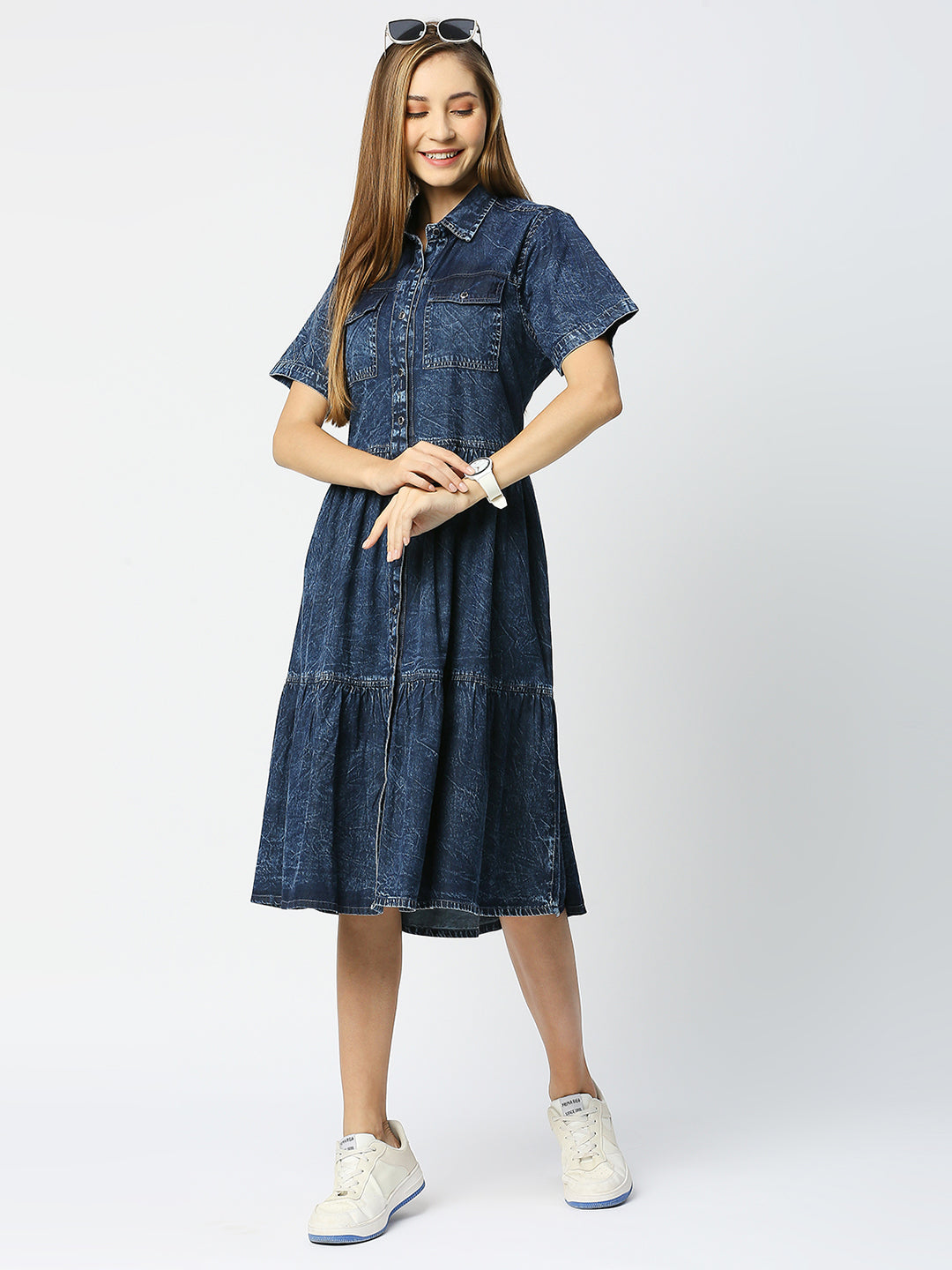 Cefalu®️ Blue Denim Dress for women with working Slit Pocket and flap pocket