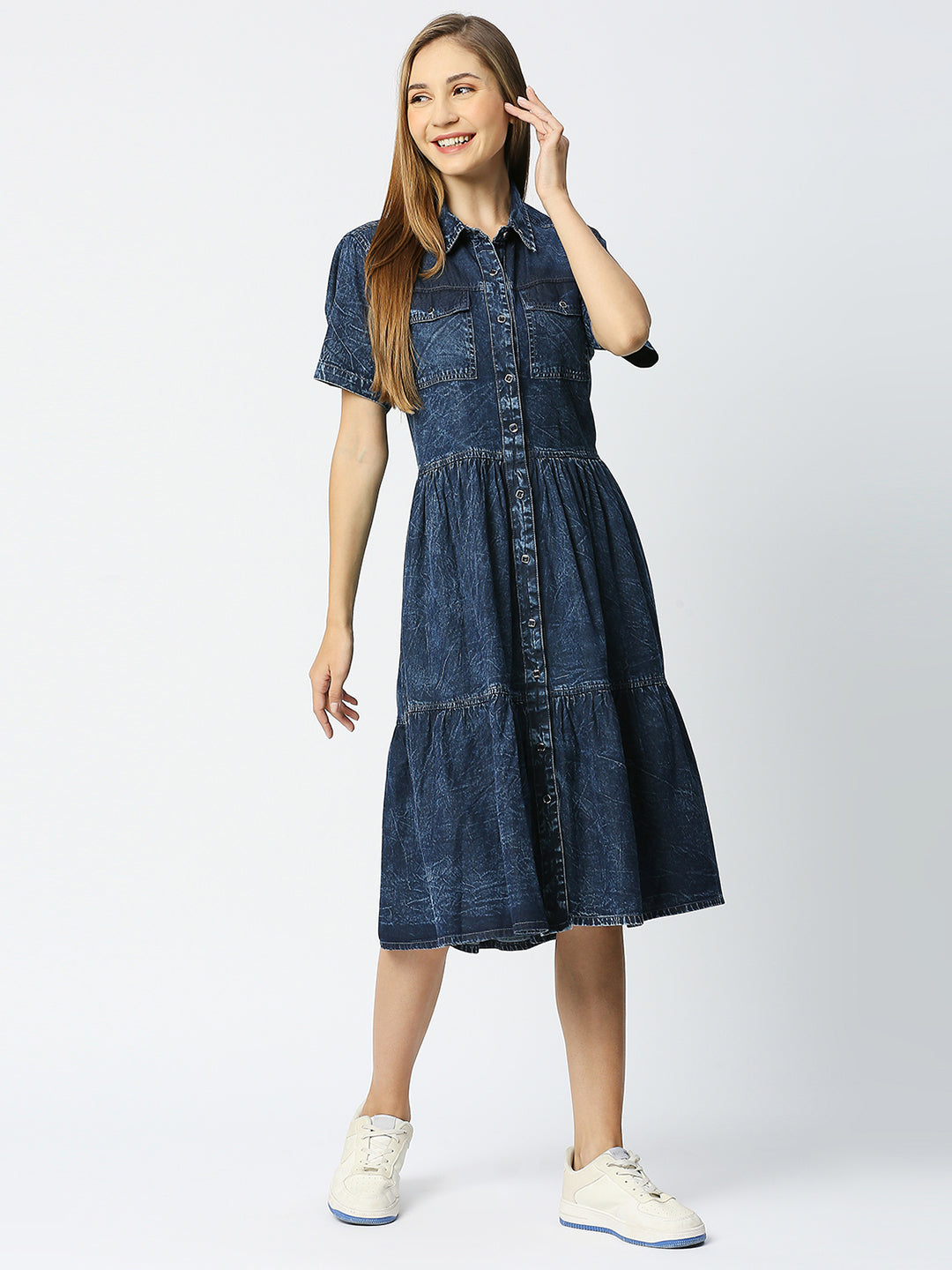 Cefalu®️ Blue Denim Dress for women with working Slit Pocket and flap pocket