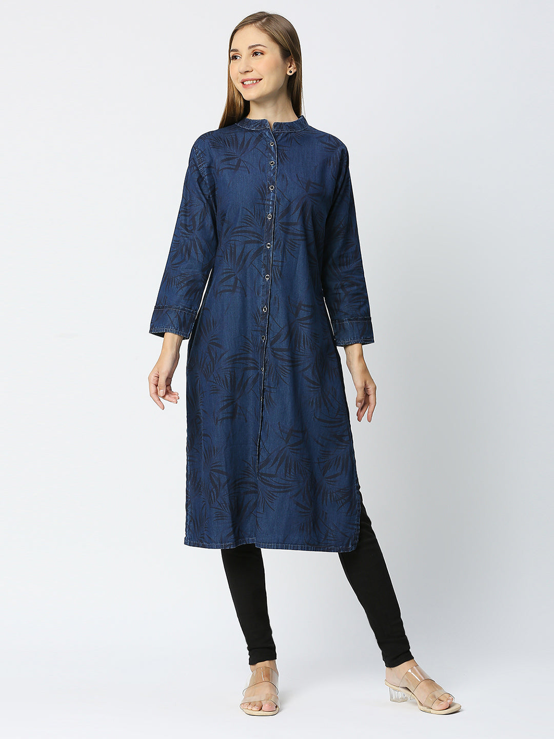 Cefalu®️ Printed denim kurti straight fit mandarin collar front button down and full cuffed sleeves for women