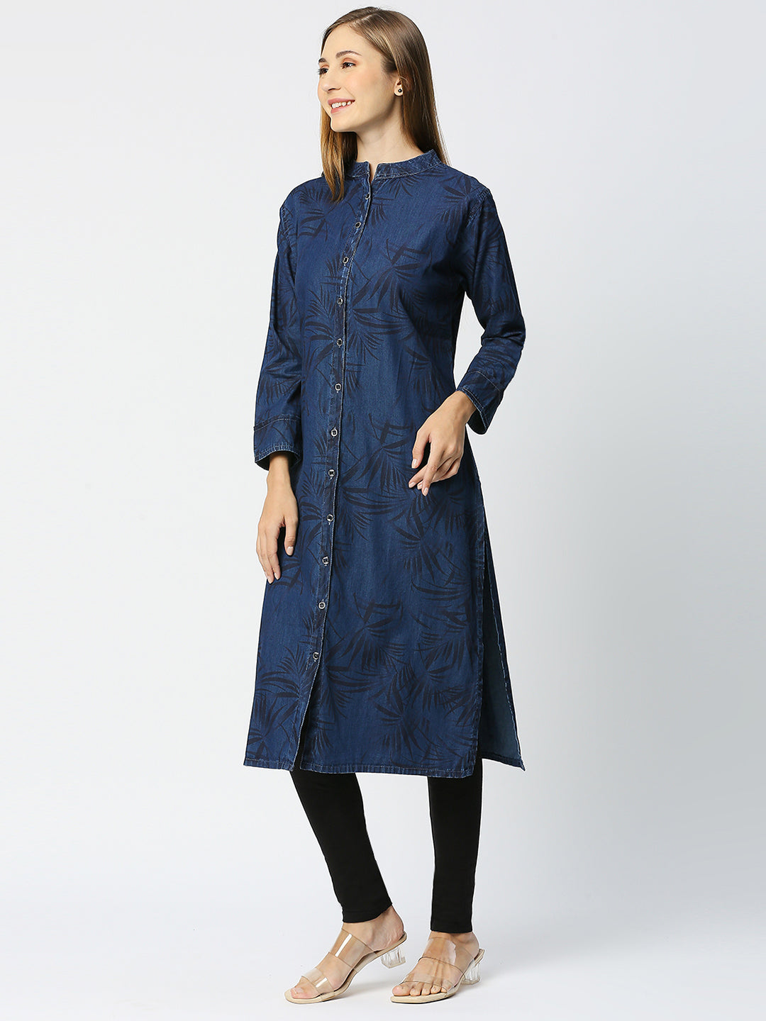 Cefalu®️ Printed denim kurti straight fit mandarin collar front button down and full cuffed sleeves for women