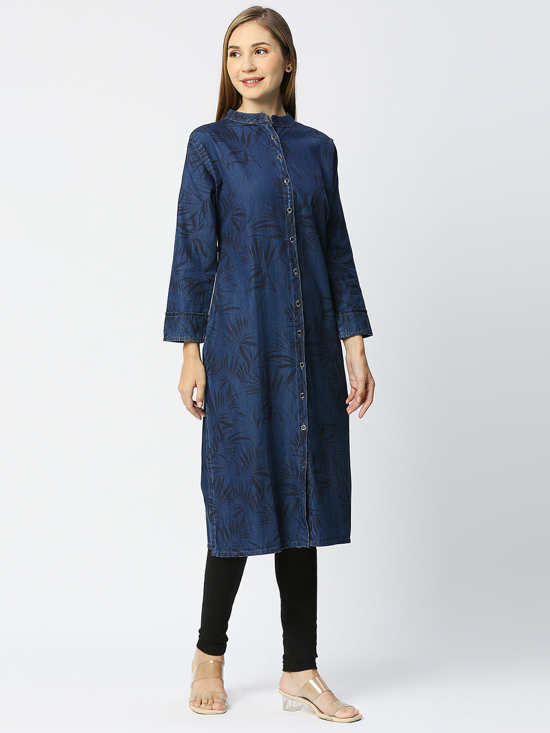 Cefalu®️ Printed denim kurti straight fit mandarin collar front button down and full cuffed sleeves for women