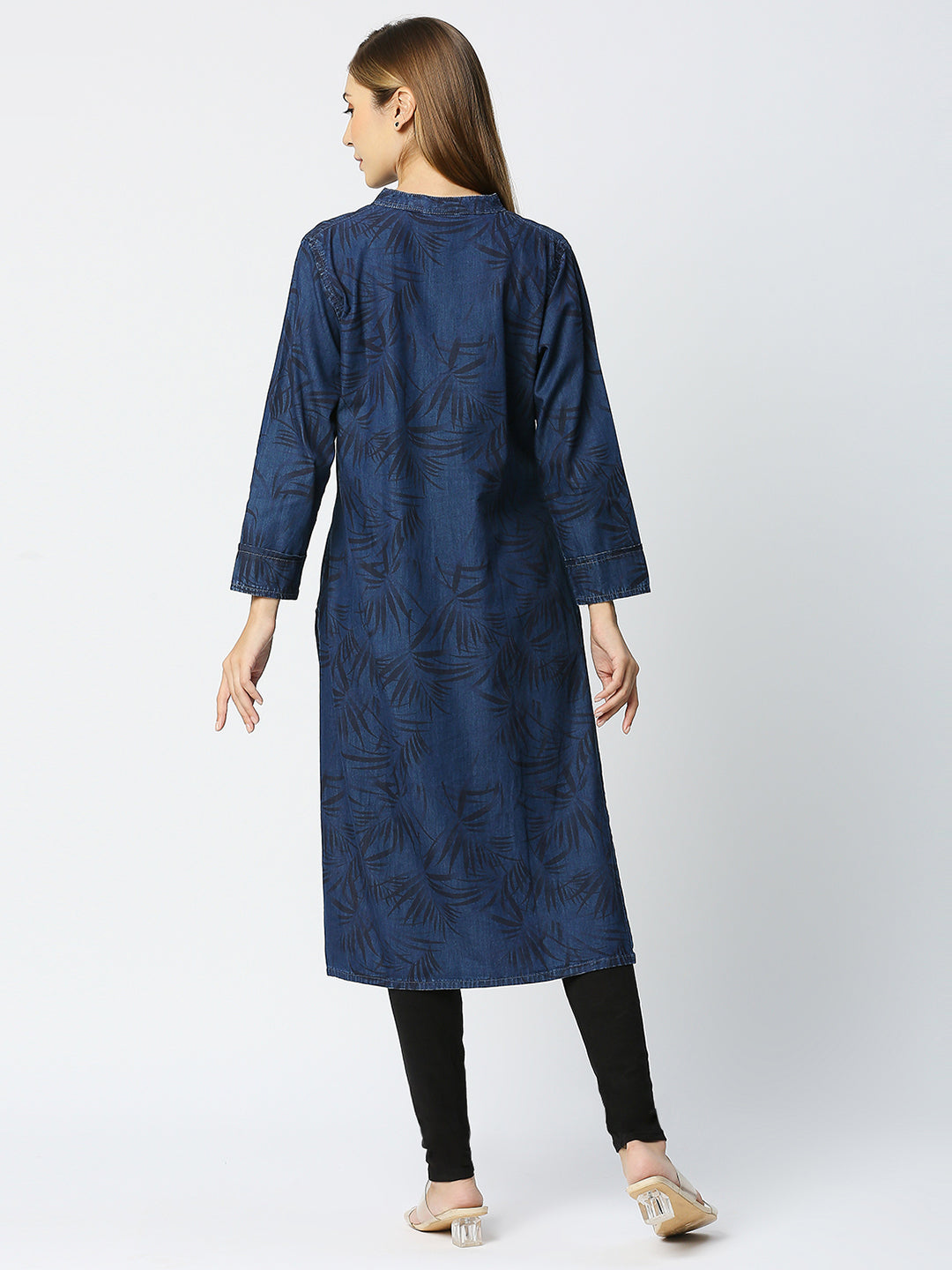 Cefalu®️ Printed denim kurti straight fit mandarin collar front button down and full cuffed sleeves for women