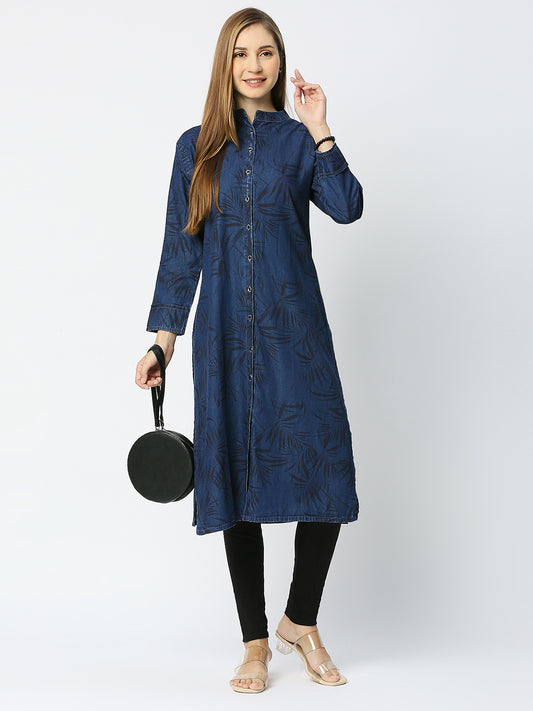 Cefalu®️ Printed denim kurti straight fit mandarin collar front button down and full cuffed sleeves for women