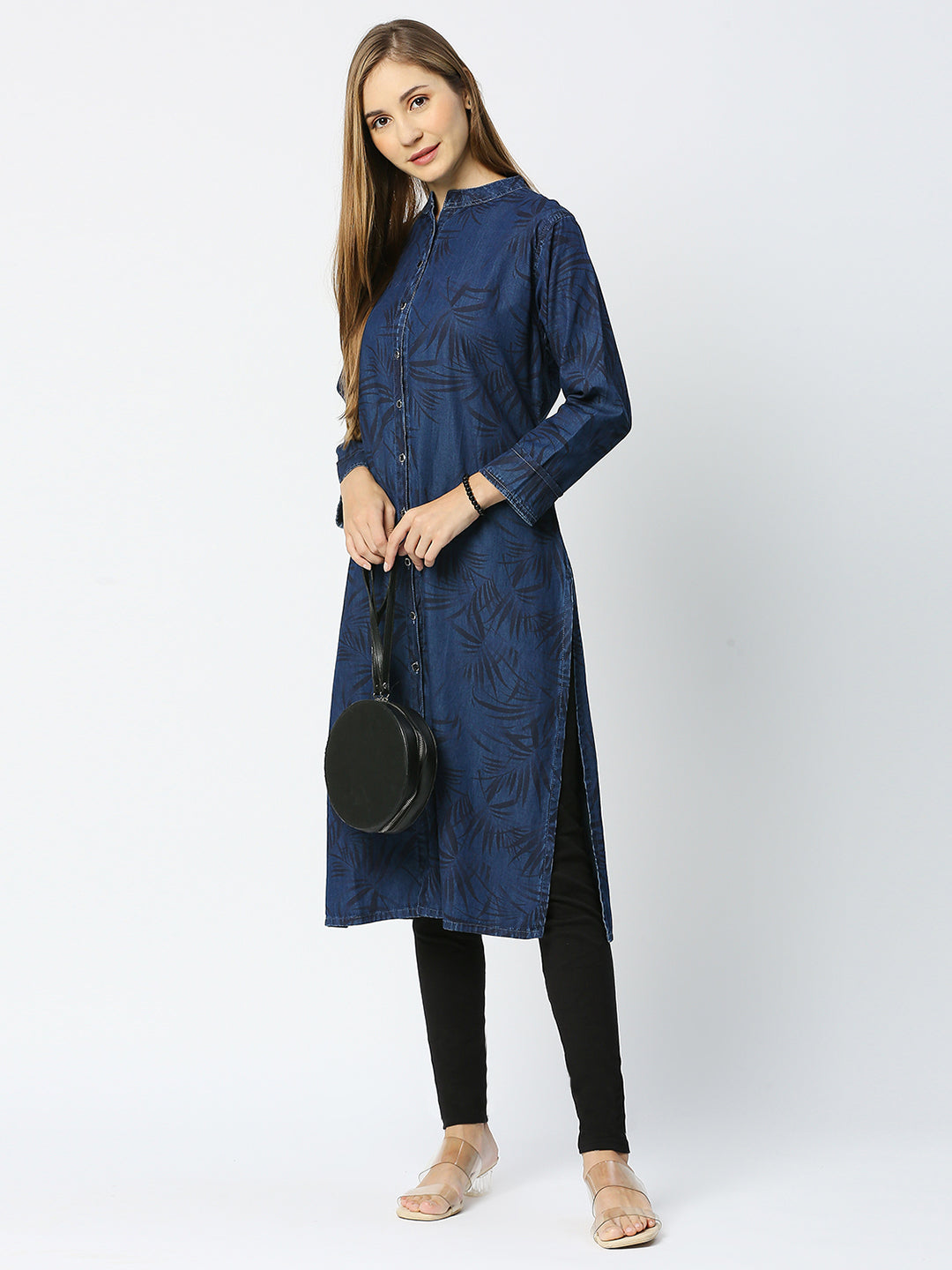 Cefalu®️ Printed denim kurti straight fit mandarin collar front button down and full cuffed sleeves for women