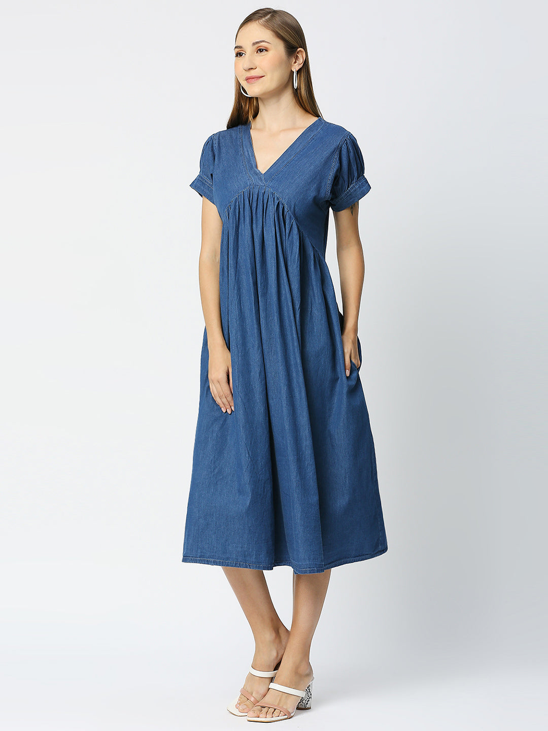 Cefalu®️ Blue Denim V Neck Gathered Dress with both side pocket