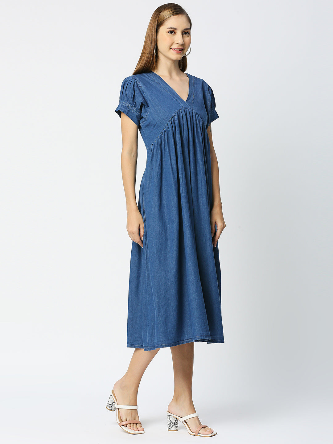 Cefalu®️ Blue Denim V Neck Gathered Dress with both side pocket